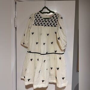 Pink Chicken cream Dress with Green and dark red embroidered holly in size 8